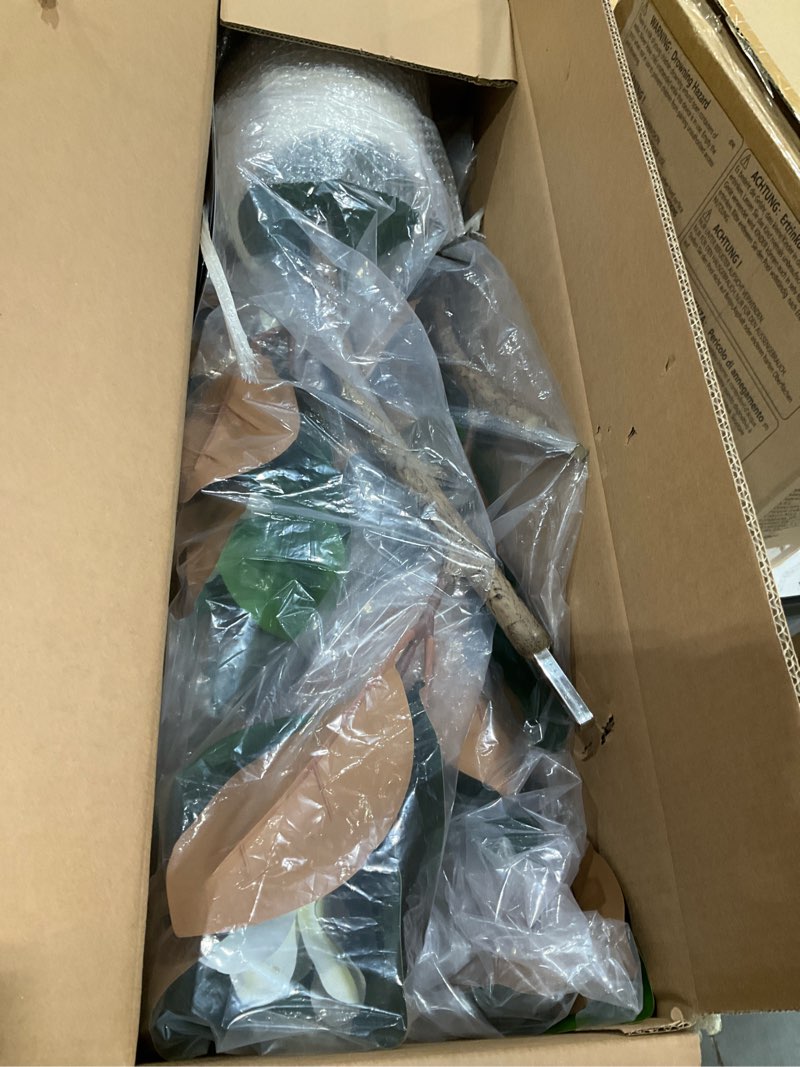 Condition photo showing Good Condition for Rubber Tree 6 ft Artificial Tree in White Planter Pot, Faux Plants Indoor Faux Floor Plant Artificial Plants with 7 Pcs Magnolia Flowers for Home Decor, Artificial Fiddle Leaf Fig Tree for Office 6ft Green