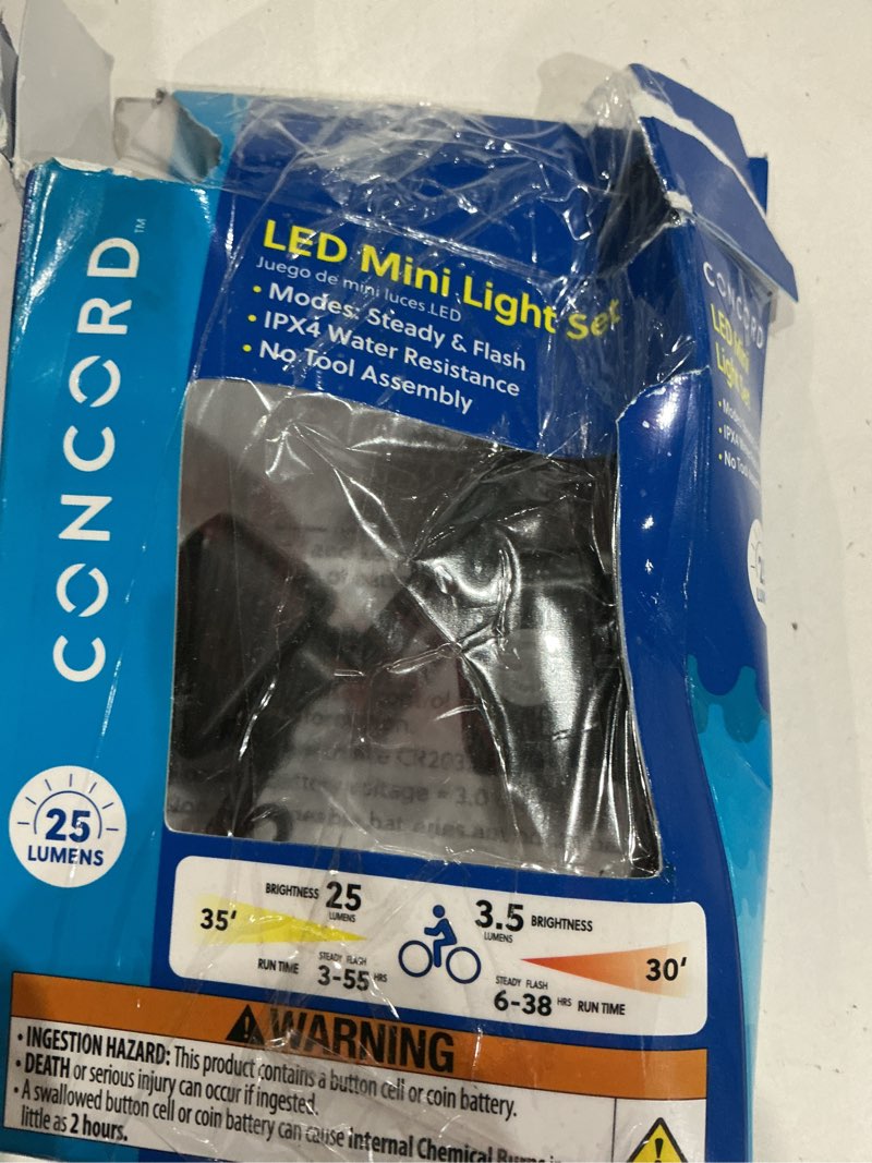 Condition photo showing As Is for concord led bicycle mini light set – front & back, 25 lumens, mulitple modes, water resistant