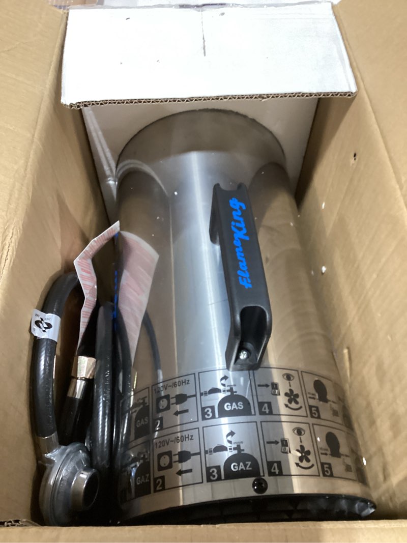 Condition photo showing Good Condition for flame king 60,000 btu portable propane forced air heater outdoor great for jobsite, construction, garage, patio, stainless steel