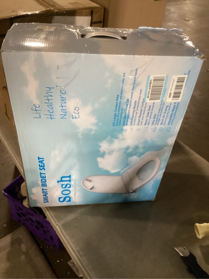 Condition photo showing As Is for sosh auto open lid bidet seat, smart max electric toilet seat with instant warm water, dryer, front and rear wash, remote control, self-cleaning nozzle, eco mode