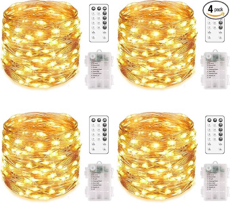 MUMUXI 4 Pack 20 ft Remote Control Fairy Lights Battery Operated String Lights with Timer, 60 LED Twinkle LEDs, Outdoor Waterproof Copper Wire Firefly Lights, Warm White