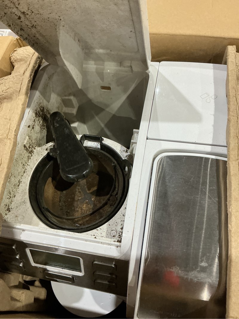 Condition photo showing As Is for hamilton beach flexbrew trio 2-way coffee maker, compatible with k-cup pods or grounds, combo, single serve & full 12 cup coffee pot, white, fast brewing, removeable reservoir white, fast brewing, removable reservoir