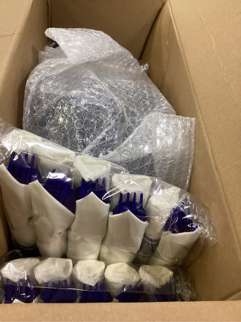 Condition photo showing New/Like New for SUT 350 Pcs Blue and Clear Plastic Dinnerware Set for 50 Guests, Include: 50 Dinner Plates, 50 Dessert Plates, 50 Pre Rolled Napkins With Silverware, 50 Cups, Disposable Plates for Party, Wedding Clear Blue 350PCS