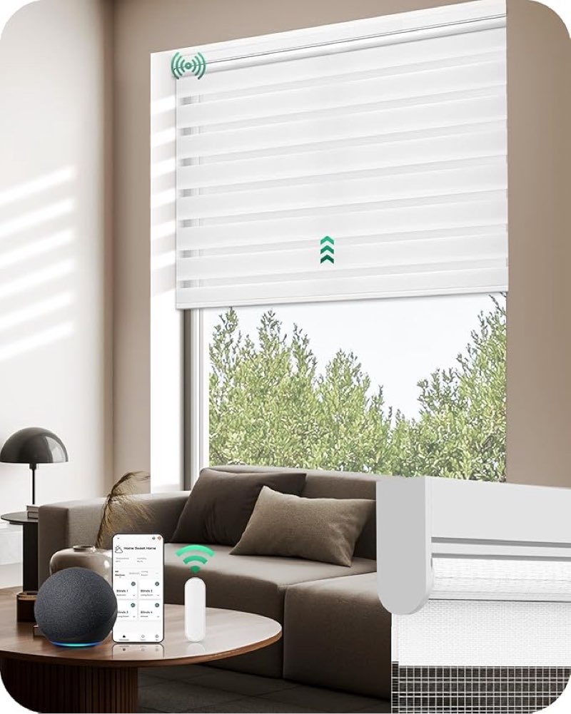 Allesin Motorized Zebra Blinds for Windows - Remote Controlled, Alexa - Compatible Smart Dual - Layer Shades with Dry Battery Motor & Light Filtering (White 30\" W x 72\" H)