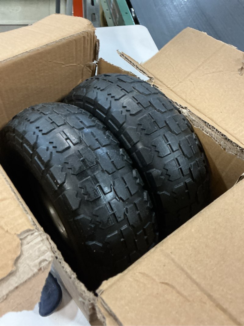 Condition photo showing Good Condition for GICOOL 4.10/3.50-4" Flat Free Tire and Wheel, 10" Heavy Duty Solid Tire, 5/8" Axle Bore Hole, 2.2" Offset Hub, for Hand Truck Garden Cart Wagon Trolley Dolly Replacement, 2 Pack 4.10/3.50-4 | 2 PACK