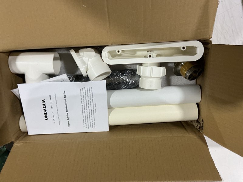 Condition photo showing Good Condition for slotted overflow bath drain with toe-tap stopper, metal overflow cover, brushed nickel tub drain replacement compatible with kohler elevance, archer, underscore, rêve & parity baths, easy install polished nickel