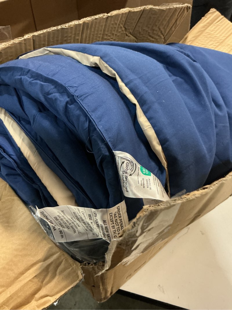 Condition photo showing As Is for Amazon Basics Lightweight Microfiber Comforter Set Bed-in-a-Bag 7 Pieces Bedding Set, Full/Queen Size, Blue Stripe, Striped