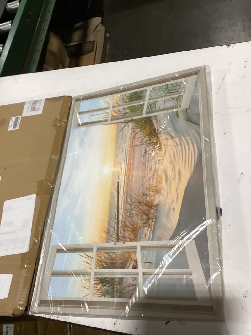 Condition photo showing New/Like New for window view canvas wall art: large modern beach scene coastal sunset painting decor relaxing ocean seascape sea picture horizontal nature landscape seaside grass artwork living room bedroom summer seashore sand dune prints coastal sunset 48"l x 32"w