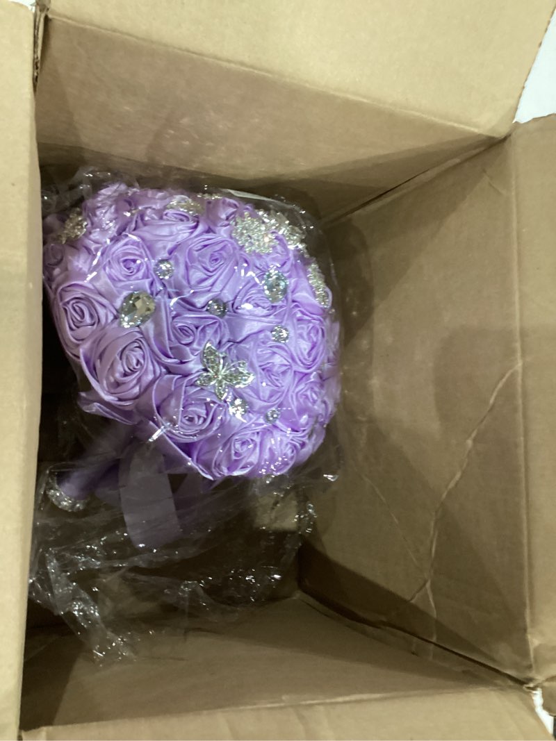 Mhojpik 9.8" Light Purple Bridal Wedding Bouquet Throw Toss Artificial Rose Flower Bunch with Bling 