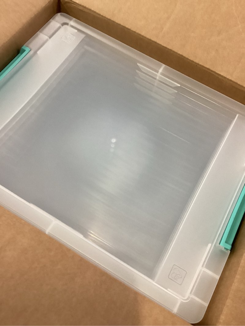 Condition photo showing Good Condition for iris usa 6 qt. craft storage bins with lids, 4-pack, |made in usa|, clip box, small plastic sensory bin tote organizer containers for art supplies, paper, & office, stackable - clear/seafoam blue 6 qt. - 4 pack
