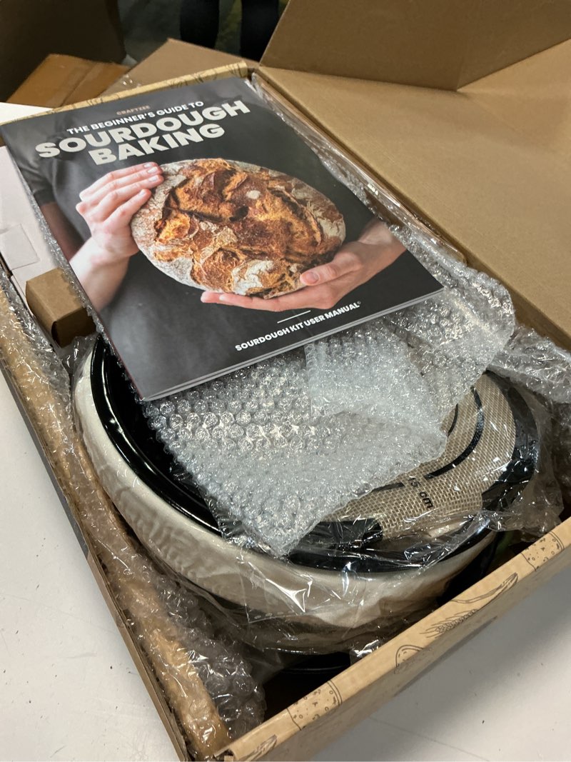 Condition photo showing Good Condition for craftzee all-inclusive sourdough starter kit with pot, 34 oz starter jar, 4 banneton bread proofing baskets, scraper, scale, sourdough bread baking supplies, beginner guide & recipes