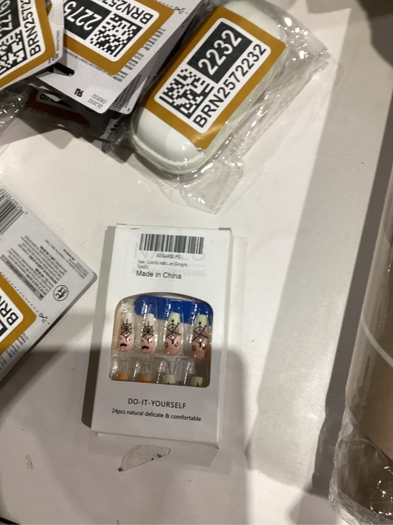 Condition photo showing New/Like New for Halloween Press on Nails Ghost Pumpkin Fake Nails with Soider Web Design White Ombre Glue on Nails Glossy Full Cover Artificial Acrylic Cute Nail Medium Coffin Stick on Nails for Women Manicure 24Pcs Designs cute pumpkin ghost