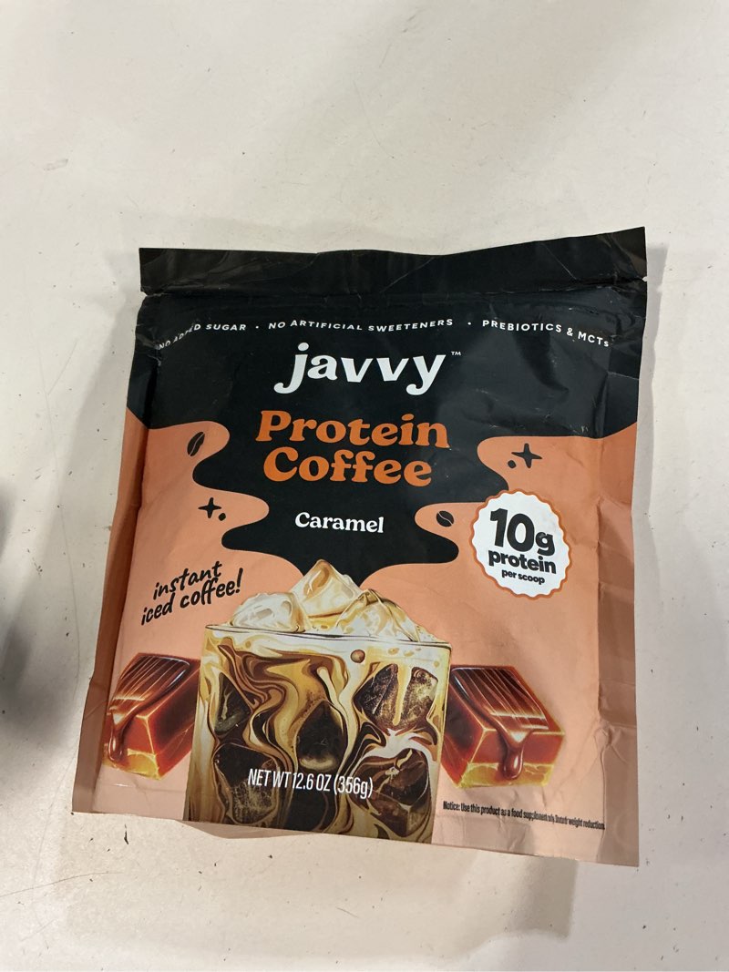 Condition photo showing New/Like New for javvy protein iced coffee - premium whey protein & iced coffees, 100% natural cold brew, zero artificial flavors & sweeteners, 80mg caffeine, no added sugar, 20 servings, caramel, 1 pack