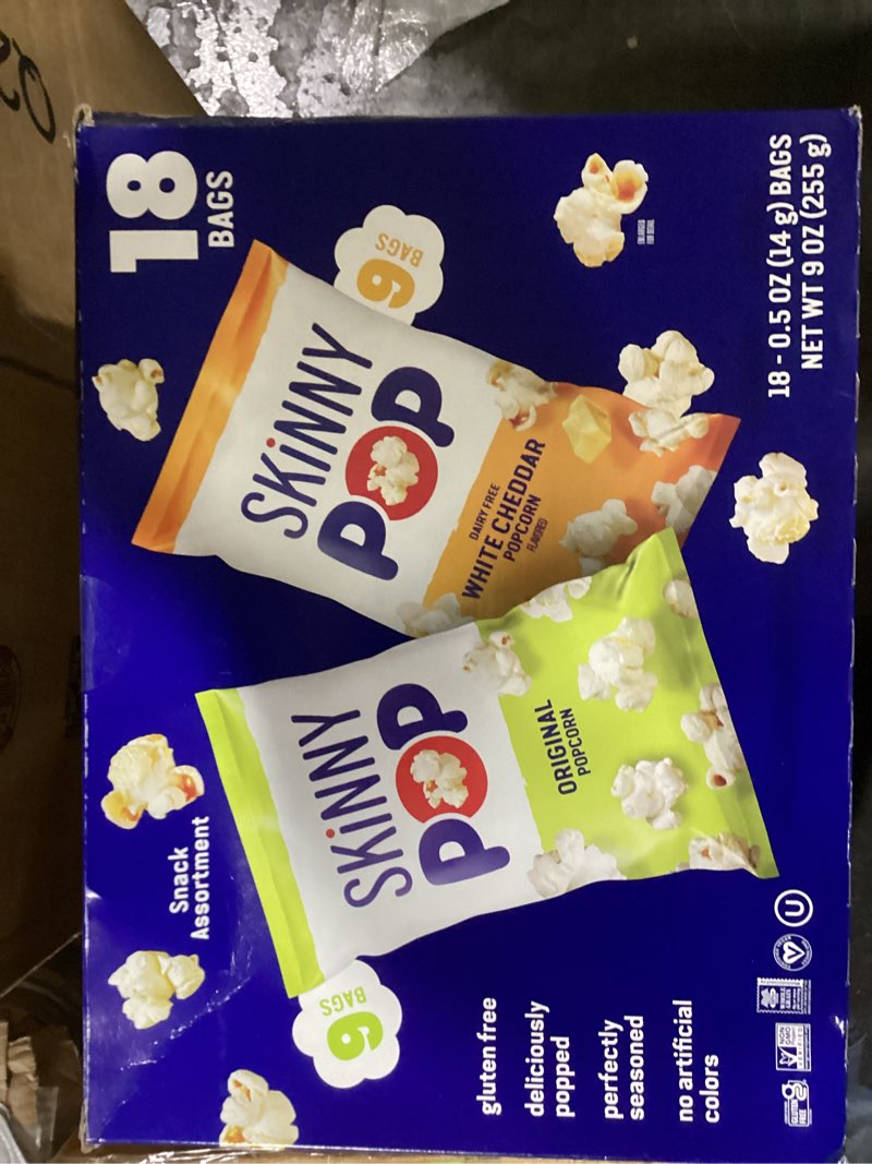 Condition photo showing Good Condition for SkinnyPop Popcorn, Original and Dairy Free White Cheddar, Gluten Free, Non-GMO, 0.5oz Individual Size Snack Bags (18 Count) Original & Cheddar-Cheese Pack of 18