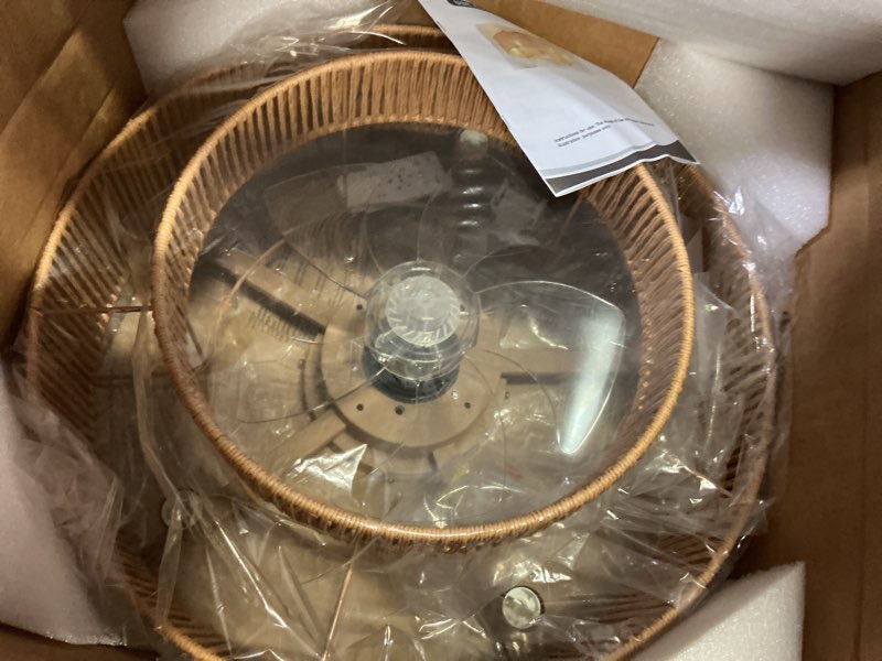 Condition photo showing Good Condition for ainqiant 20 inch boho caged ceiling fans with lights flush mount, layered rattan ceiling fan with light remote control with reversible 6 speeds for bedroom, nursery, living room, e12 base, indoor gold 20" layered rattan boho caged ceiling fan with lights