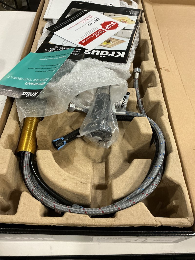 Condition photo showing Good Condition for KRAUS Bolden 18-Inch Single Handle Spot Free Stainless Steel/Matte Black Commercial Style Pull-Down Kitchen Faucet with Dual Function Sprayer, KPF-1610SFSMB (Pack of 1) Spot-Free Stainless Steel/Matte Black Commercial Style