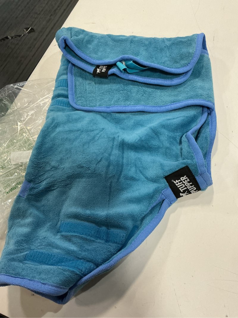 Condition photo showing Good Condition for tuff pupper bathrobe, medium, blue - fast drying dog towel robe/dressing gown, 800 gsm plush, super absorbent, adjustable hood & belly strap, super soft, microfiber, quick dry medium blue