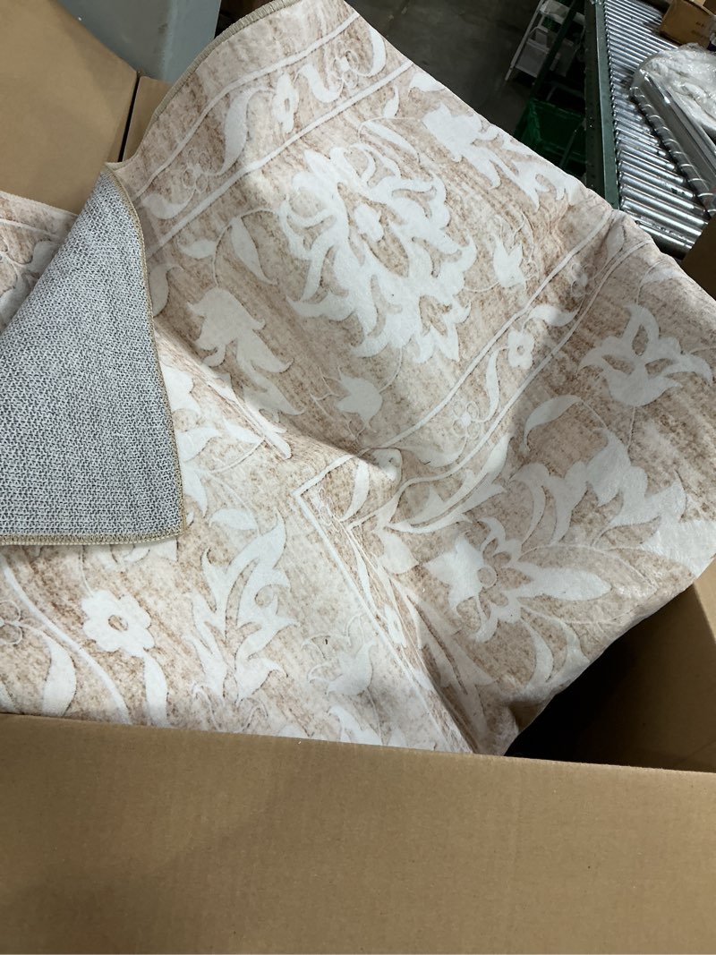 Condition photo showing As Is for soalmost 8x10 washable area rugs for living room, vintage floral non-slip low pile neutral rug soft throw large carpet for dining room bedroom home office (beige, 8'x10') beige 8' x 10' (rectangular)