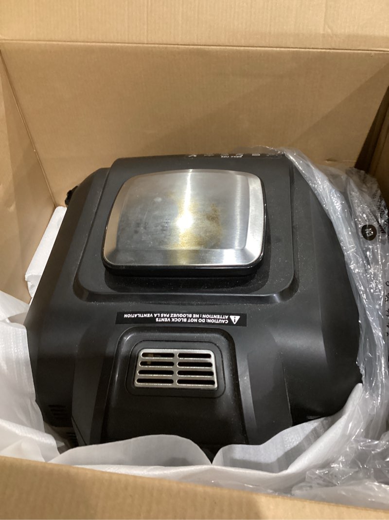 Condition photo showing As Is for ninja dg551 foodi smart xl 6-in-1 indoor grill with air fry, roast, bake, broil, & dehydrate, foodi smart thermometer, 2nd generation, black/silver 6-in-1 with thermometer