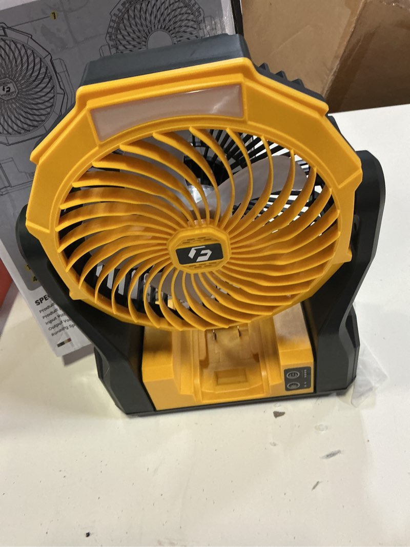 Condition photo showing As Is for xzk portable fan for dewalt 20v max battery (2.0~5.0ah), 3950 rpm heavy duty airflow, 4?speed usb powered workshop fan for jobsite, garage, tent (battery not included) – yellow