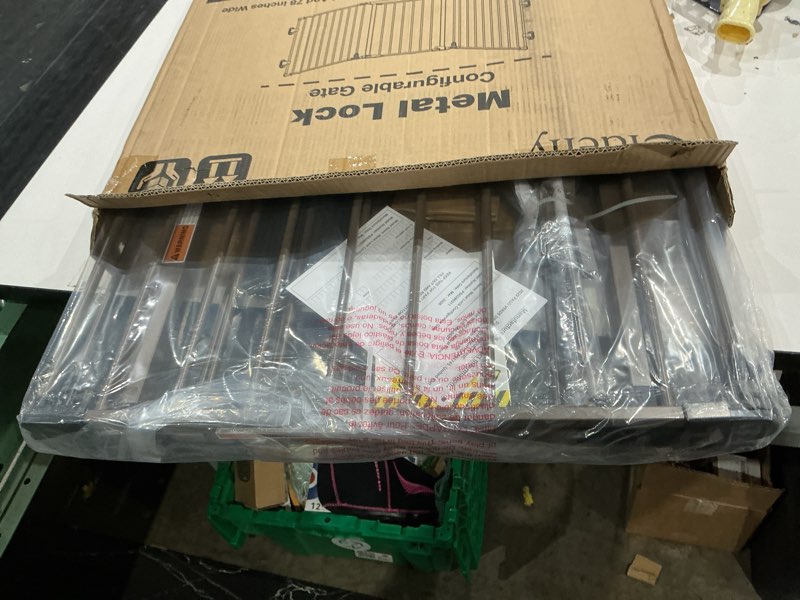 Condition photo showing Good Condition for 78" extra wide baby gate, dog gates indoor for doorways stairs, essential safety gate for child, hardware mounted adjustable pet gate with anti-trip pedal, 28'' tall 3 metal panels brown brown 78" wide