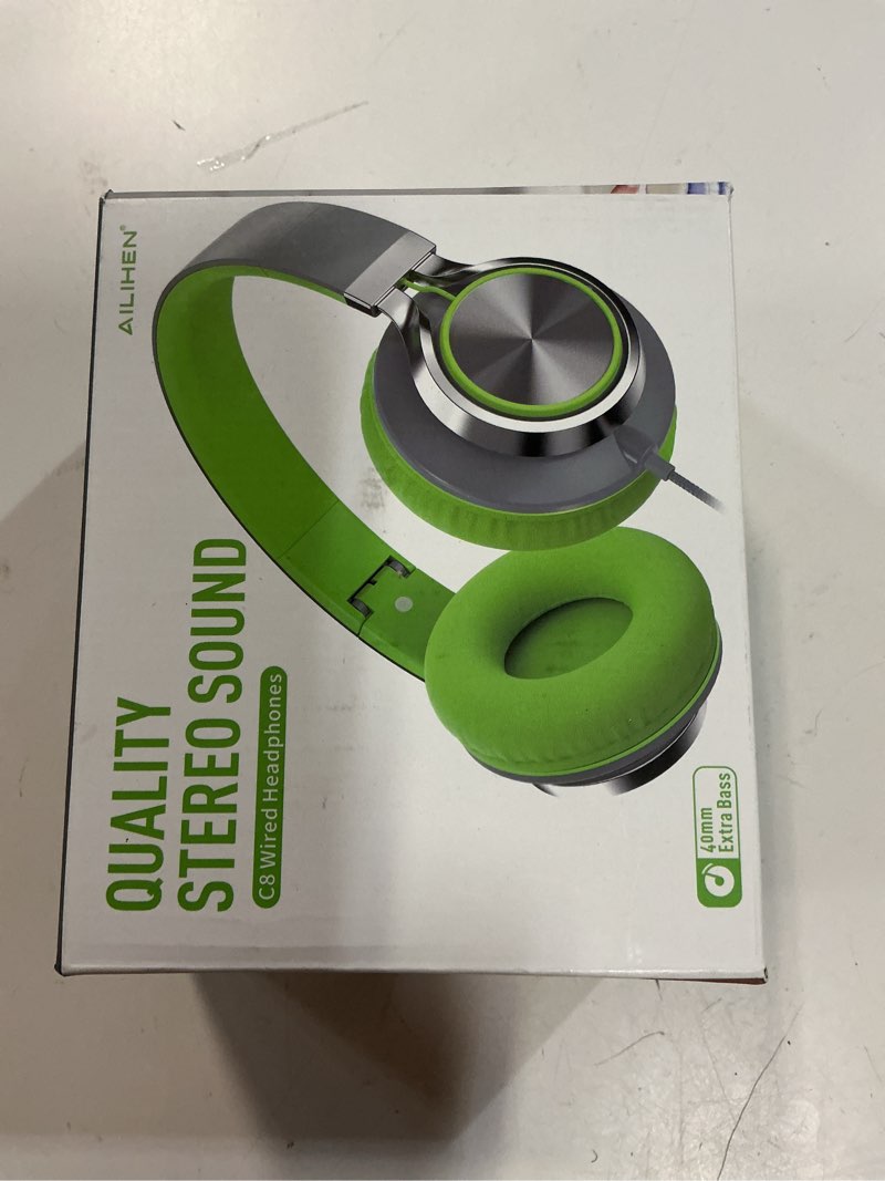 Condition photo showing New/Like New for ailihen c8 headphones wired, on-ear headphones with microphone and volume control, corded 3.5mm headset for boys girl school smartphones chromebook laptop computer tablets airplane travel (grey/green) grey green medium