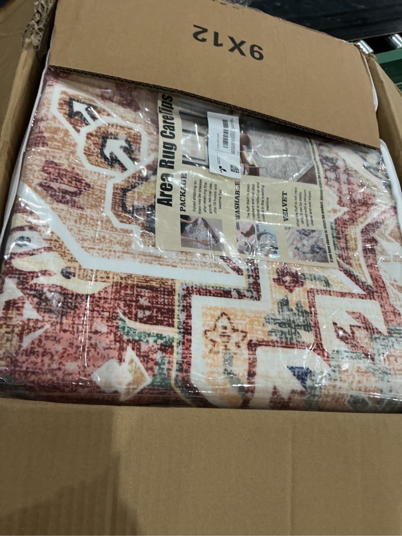 Condition photo showing Good Condition for champlant washable area rug 9'x12' red khaki retro flowers boho design non-shedding easy care ideal for high traffic areas in living room bedroom office coffee table kitchen large carpet red khaki 9' x 12' (rectangular)