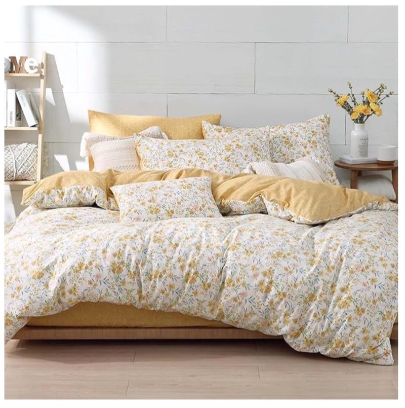 natural cotton 3pcs floral comforter sets queen size-yellow comforter with pink & yellow flowers and blue & green leaves on white, reversible lightweight bedding sets(queen 90"×90")