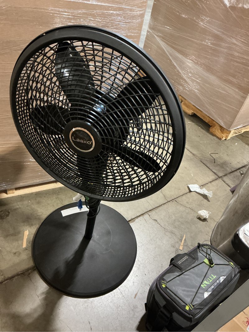 Condition photo showing As Is for cyclone 18 in. 3 speed oscillating pedestal fan for home in black with adjustable height, tilt back head, easy assembly