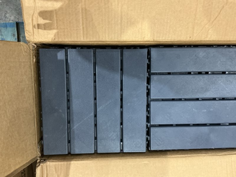 Condition photo showing As Is for outdoor striped pattern square plastic interlocking flooring deck tiles (pack of 44 tiles)in gray