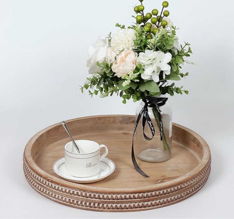 carah & cossh round wooden serving tray, whitewashed round decorative wood tray, round farmhouse rustic decorative tray, perfect for storage and display (brown)