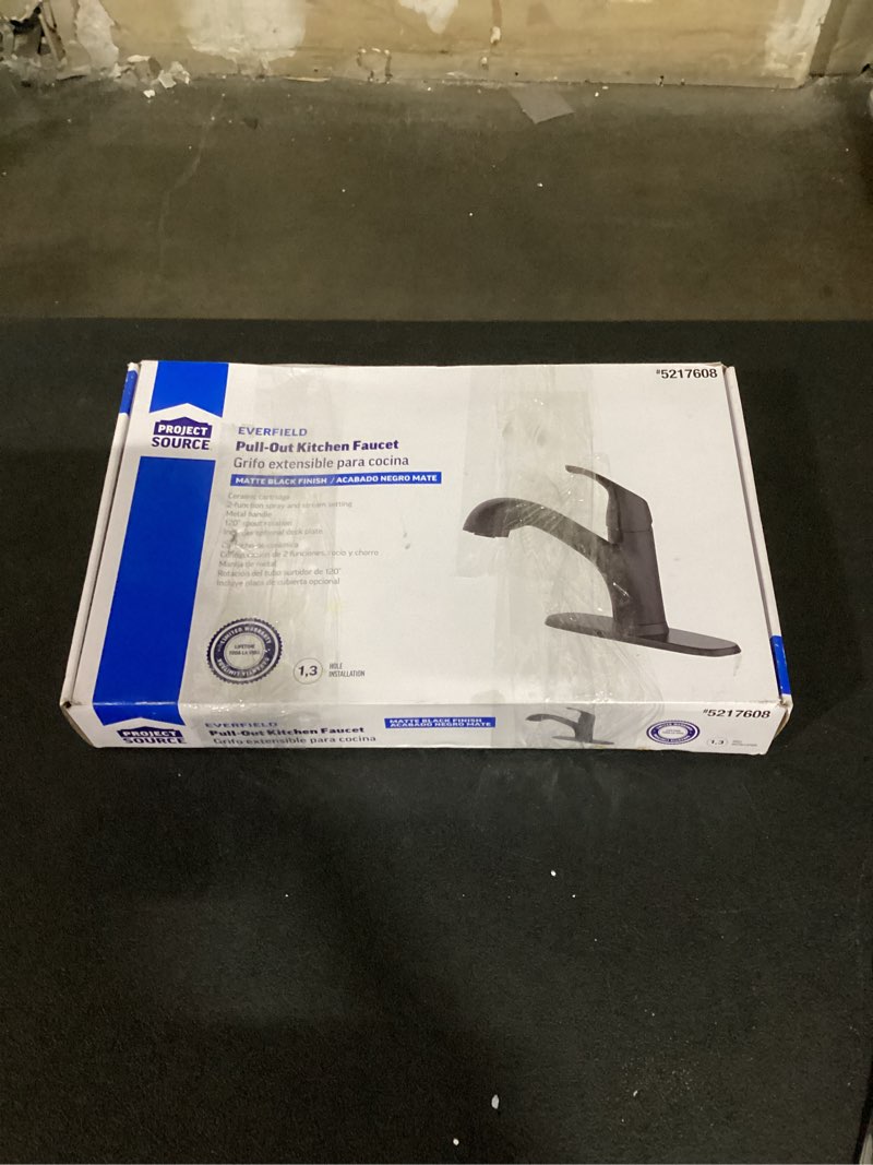 Condition photo showing As Is for project source everfield matte black single handle deck-mount pull-out kitchen faucet with sprayer (includes deck plate