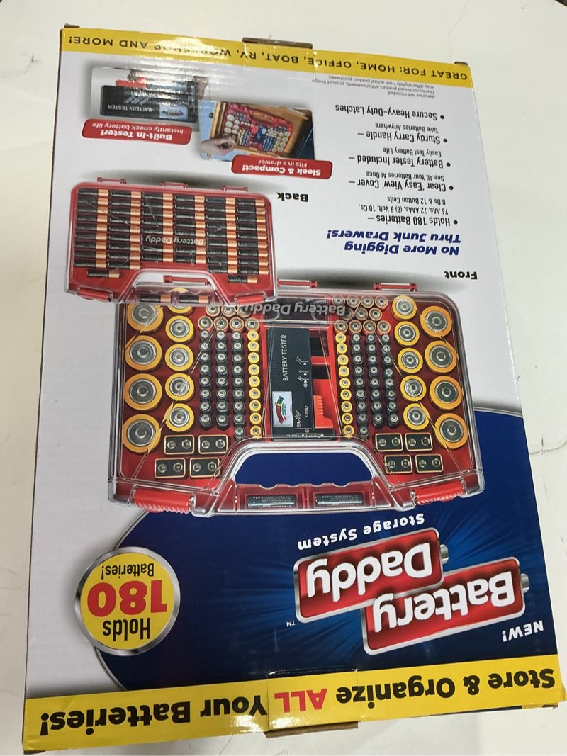 Condition photo showing New/Like New for ontel battery daddy storage & organizer case w/tester, stores & protects up to 180 batteries, double-sided, clear locking lid, secure latches & portable carrying handle - red (batteries not included) red original - 180 batteries