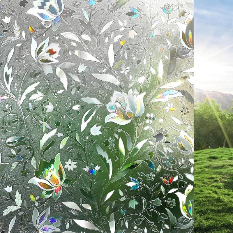 rabbitgoo window privacy film, decorative stained glass window film, sun blocking glass clings, renter-friendly static cling frosted sticker covering for home door, rainbow tulip 23.6" x 157.4"