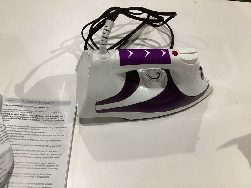Condition photo showing As Is for MARTISAN Steam Iron, New Version, Mini Steamer, Powerful Steam, Anti-Calc, Anti-drip, Self-Cleaning, Smooth Non-stick Soleplate, Variable Temperature, Steam Burst, Purple SteamBurst, NOT TESTED