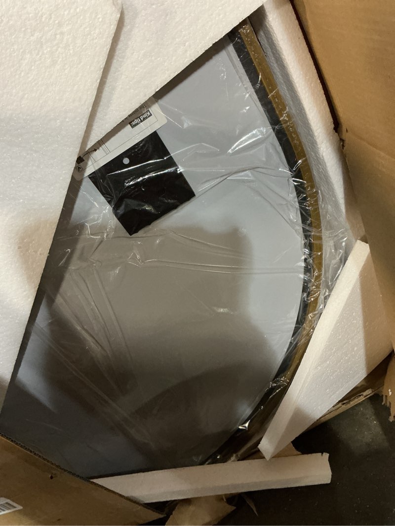 Condition photo showing As Is for 26"x38" arched gold bathroom mirror – metal framed with hd shatter-proof glass, wall-mounted for over sink, entryway, living room, bedroom gold 26"l x 37.8"w