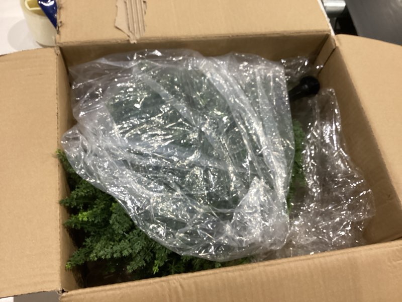 Condition photo showing Good Condition for 23 inch artificial cedar topiary balls tree, uv resistant faux boxwood trees with ground spike, perfect for indoor & outdoor garden, porch, front door, and home décor, set of 2