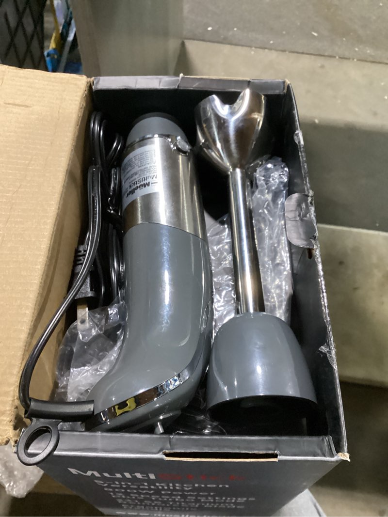 Condition photo showing As Is for mueller multistick 5-in-1 immersion blender handheld,12 speed hand mixer-turbo boost,heaviest duty copper motor,titanium reinforced blades hand blender,milk frother wand,whisk,beaker,chopper,grey