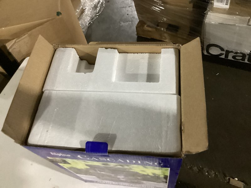 Condition photo showing Good Condition for alpine corporation 13" tall indoor tabletop water fountain, 4 tier cascading water feature with led lights for home, office, living room, or zen decor, gray stacked stone w/ led