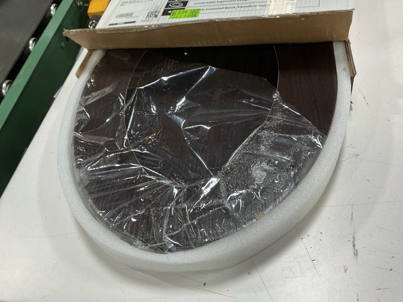 Condition photo showing As Is for elongated toilet seat molded wood toilet seat with zinc alloy hinges, easy to install also easy to clean, anti-pinch wooden toilet seat by angol shiold (elongated, dark brown) zinc alloy hinge dark brown