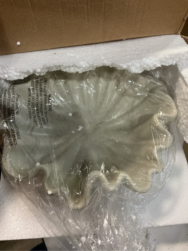 Condition photo showing New/Like New for decorative fruit bowl for home decor - large handicraft wavy centerpiece bowl - 10" key and purse shell bowls - scalloped ruffle coastal pedestal coffee table bowls light-beige