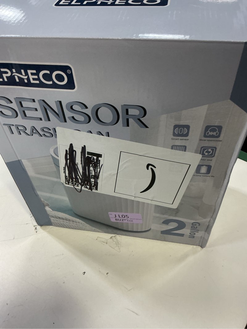 Condition photo showing New/Like New for ELPHECO Bathroom Motion Sensor Trash can 2 Gallon Automatic Garbage Can, Slim Plastic Smart Trash Can with Lid, Commercial Intelligent Trash Bin for Bedroom, Bathroom, Office, White with Grey Trim Grey 2 Gallon