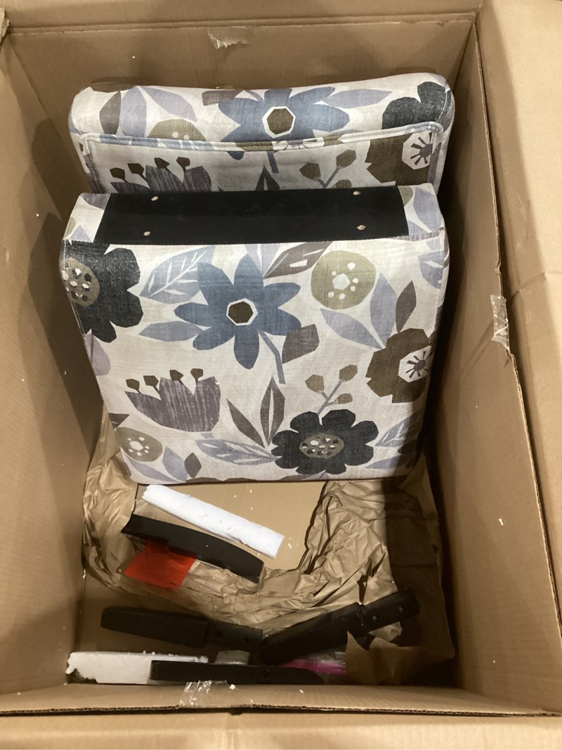 Condition photo showing As Is for signature design by ashley triptis floral armless accent chair with attached cushions, fabric upholstery, wood legs, 16.63" seat height, white, blue & gray white floral
