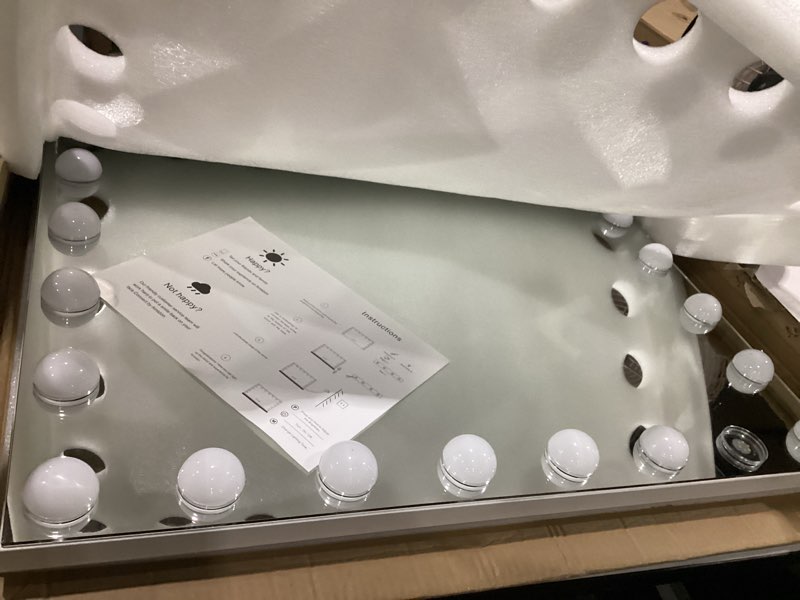 Condition photo showing As Is for vanity mirror with lights, 32"x 24" large hollywood vanity mirror with detachable 10x magnification & 24 dimmable 3 colors modes led bulbs, tabletop or wall mounted,white