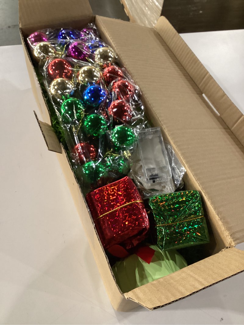 Condition photo showing New/Like New for Realspring 2 ft Whimsical Tabletop Christmas Tree Small Bendable Artificial Lime Green Christmas Tree Decor with 21 Balls & Light & Hanging Ornaments Elf Xmas Holiday Decor for Home Office Fireplace