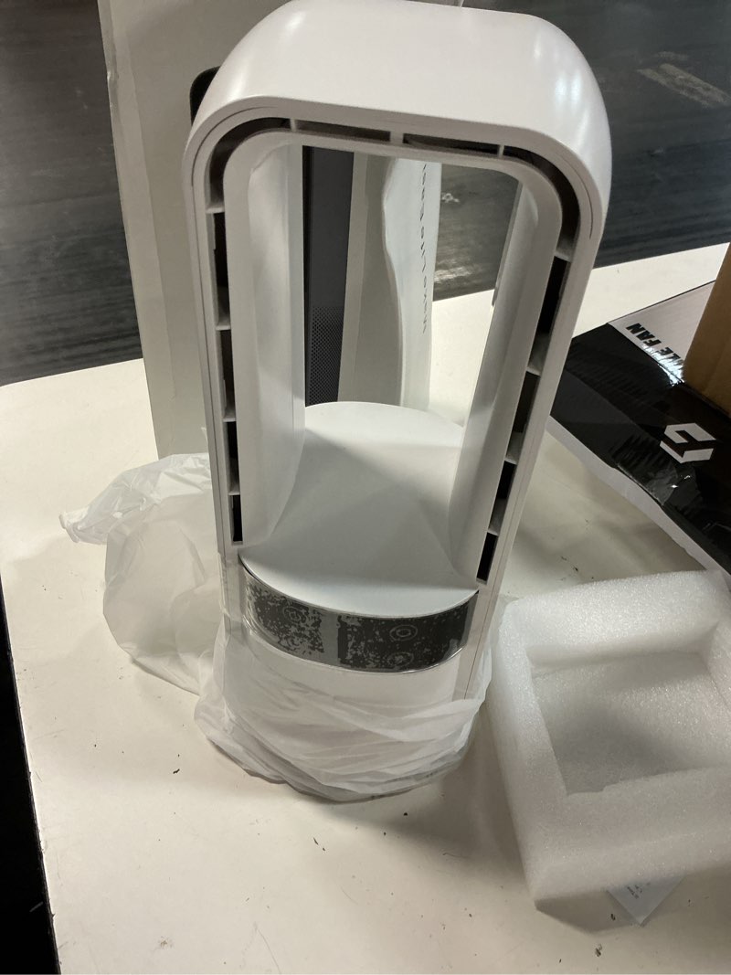 Condition photo showing Good Condition for desk fan bladeless, 120° oscillating fan rechargeable, quiet fan with night light, smart led touch control, 4 speed & 9h timer, small table fan, auto display off, ideal for home, office, study room white