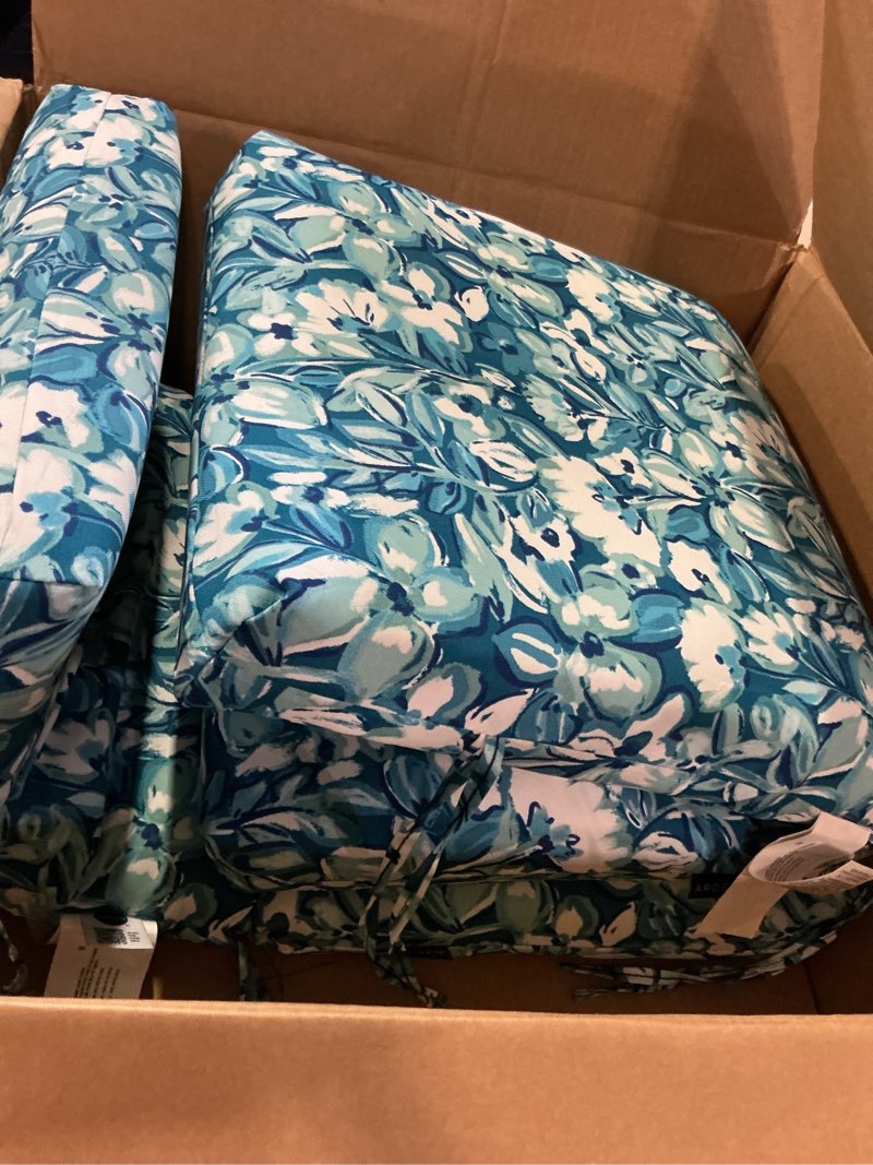 Condition photo showing Good Condition for arden outdoor midback chair cushion, 18 x 16.5, rain-proof, fade resistant aqua blue fusion floral