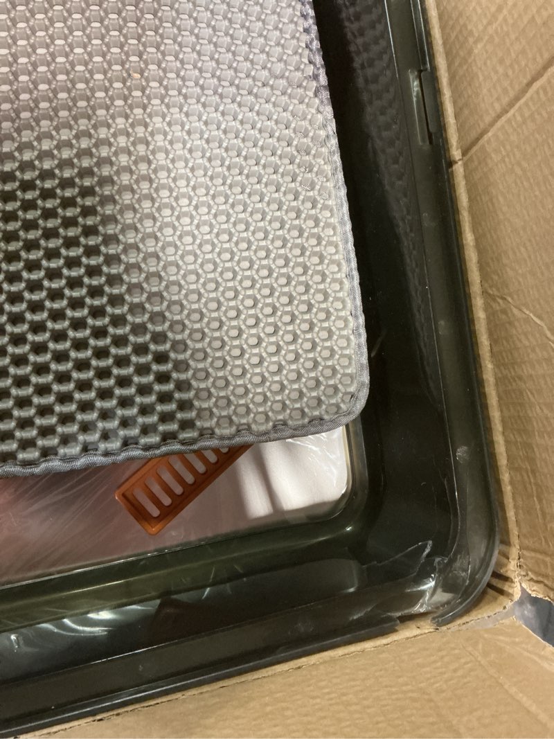 Condition photo showing As Is for stainless steel cat litter box, odor free metal litter box with high sides lid, open top low entry litter pan include scoop easy cleaning anti-scratch kitty cat box anti-urine leakage, non-sticky, m medium light grey(17.5 in)