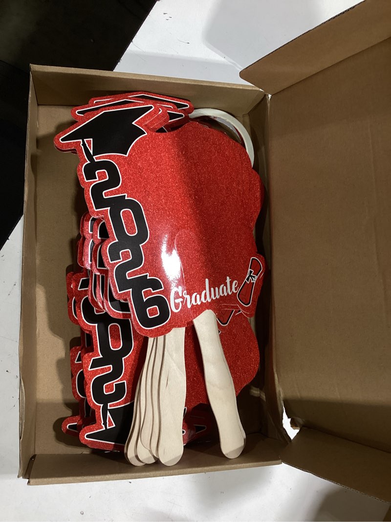 Condition photo showing Good Condition for 24 pcs graduation cutout face fans with handle double sided personalized grad party supplies class of 2026 grad photo props blank diy photo frame graduation party souvenirs(classic,red) red classic