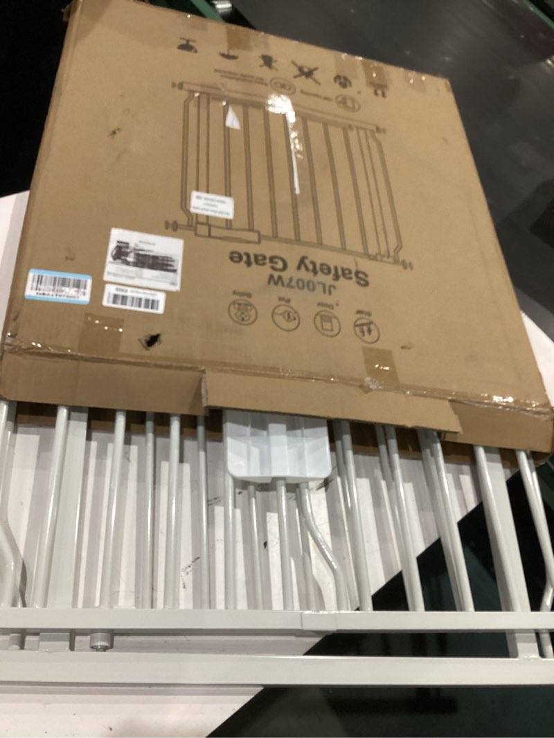 Condition photo showing As Is for extra wide baby gate 66.9-71.65 pressure mounted,child dog pet safety gates with walk through door for doorways stairs no drilling in door,white 66.9-71.65inch